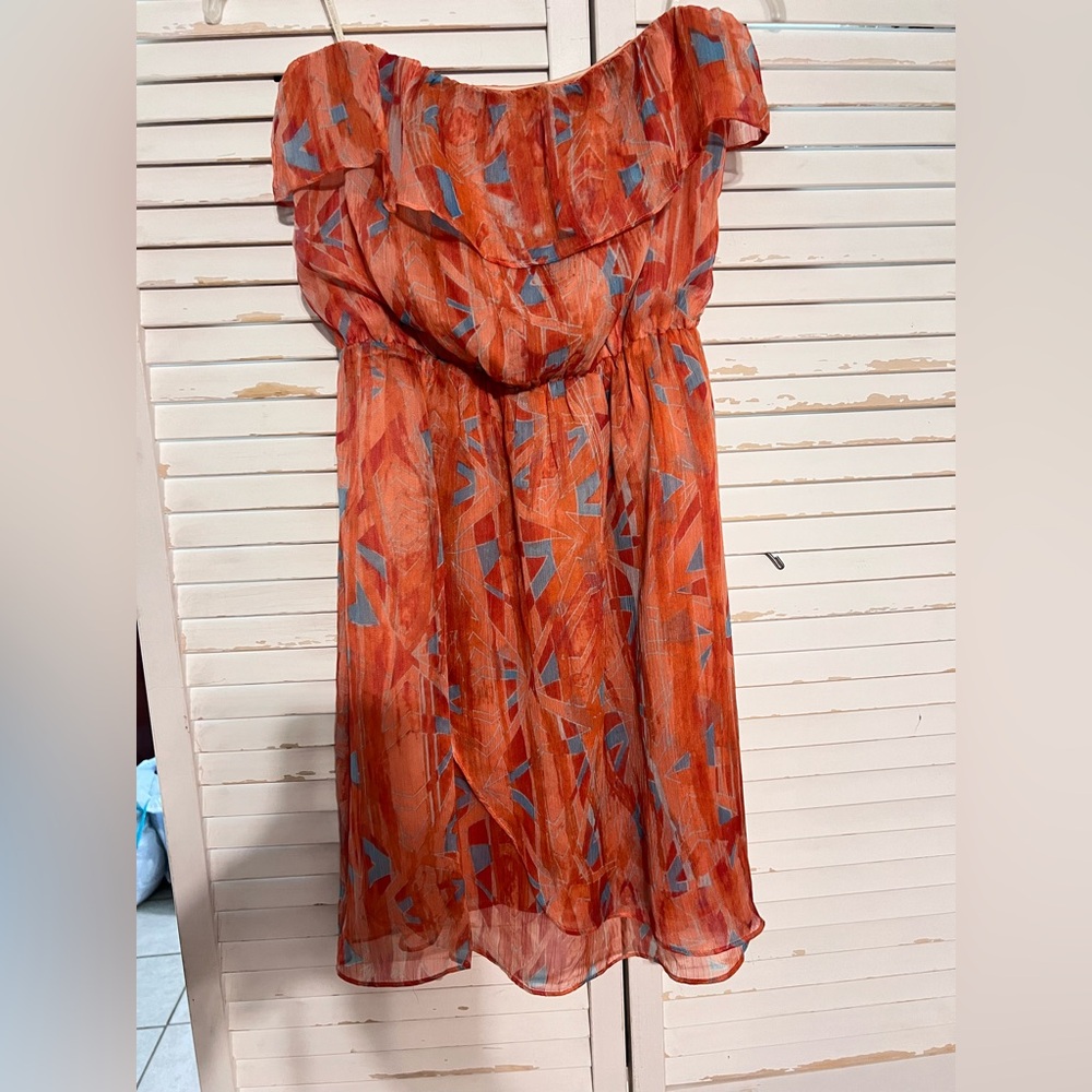 MM Couture Rust-Orange Dress with Blue Geometric Print